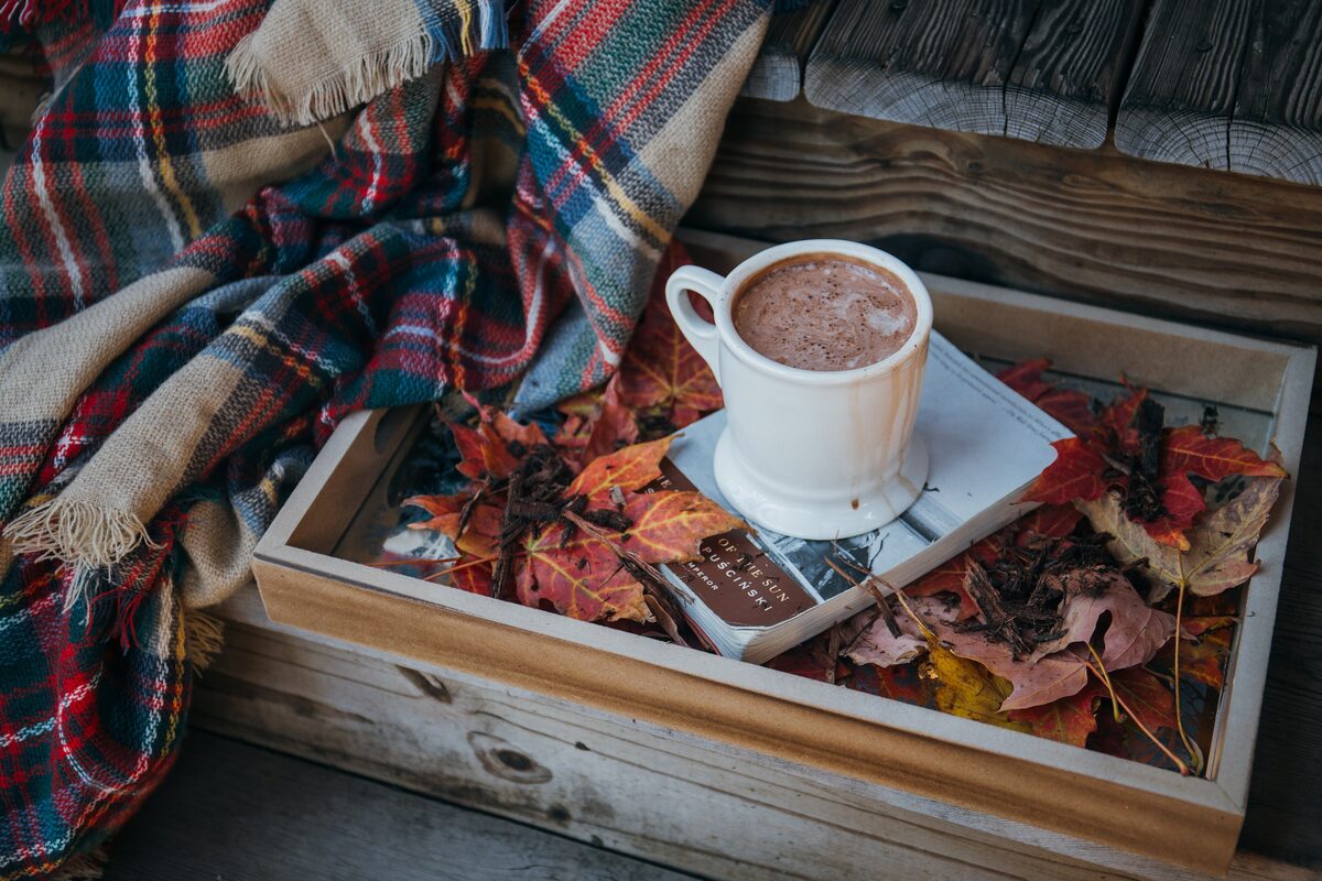 A mug of hot chocolate on a wooden tray among autumn leaves, with a plaid blanket beside it