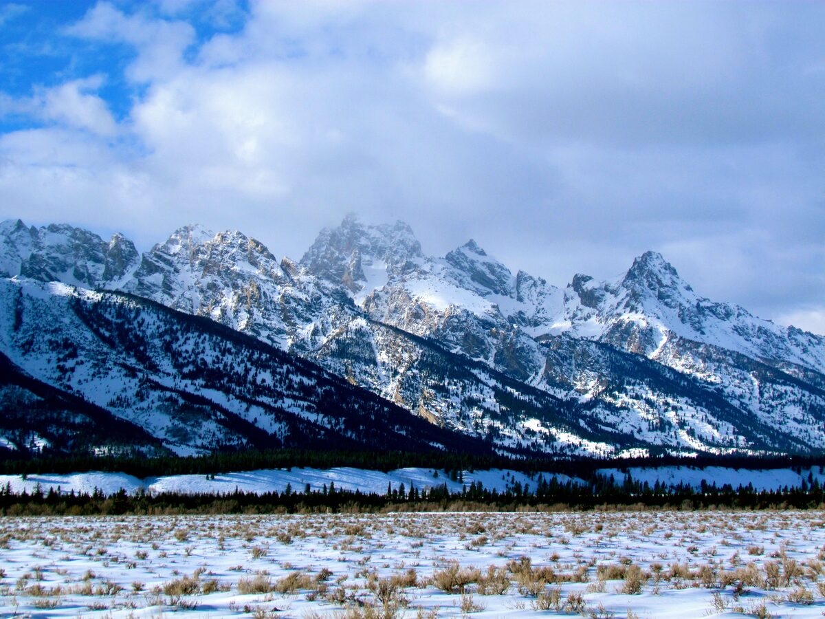 The snow-covered Teton Range rising above a frozen, sagebrush-dotted flat in Grand Teton National Park in winter