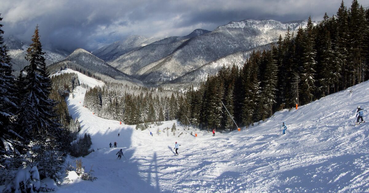 Skiers on a groomed run in Jasná with snowy, forested mountains above