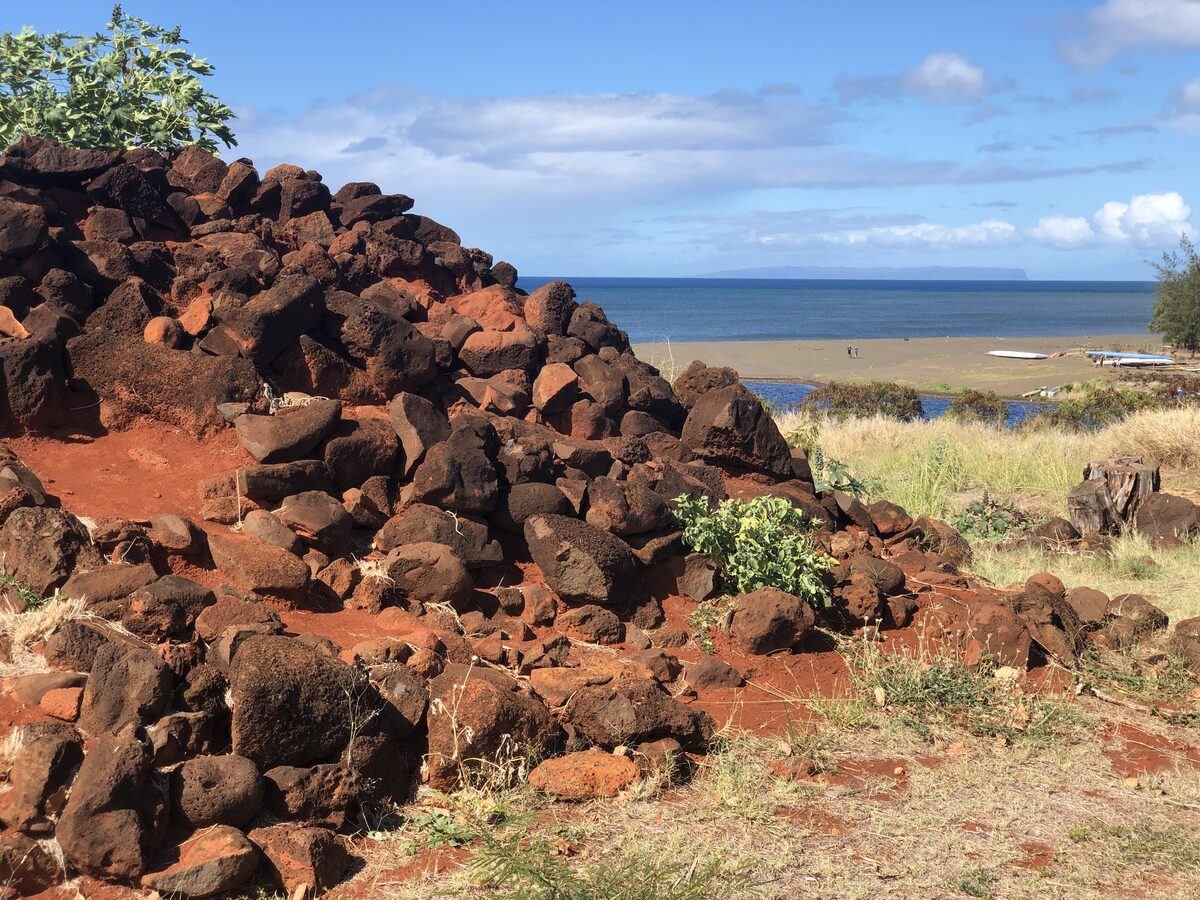 Lava-rock wall of Russian Fort Elizabeth with the sea behind