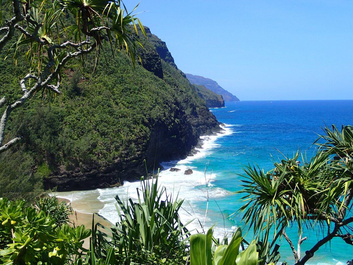 Hanakāpīʻai Beach and Nā Pali cliffs from the Kalalau Trail