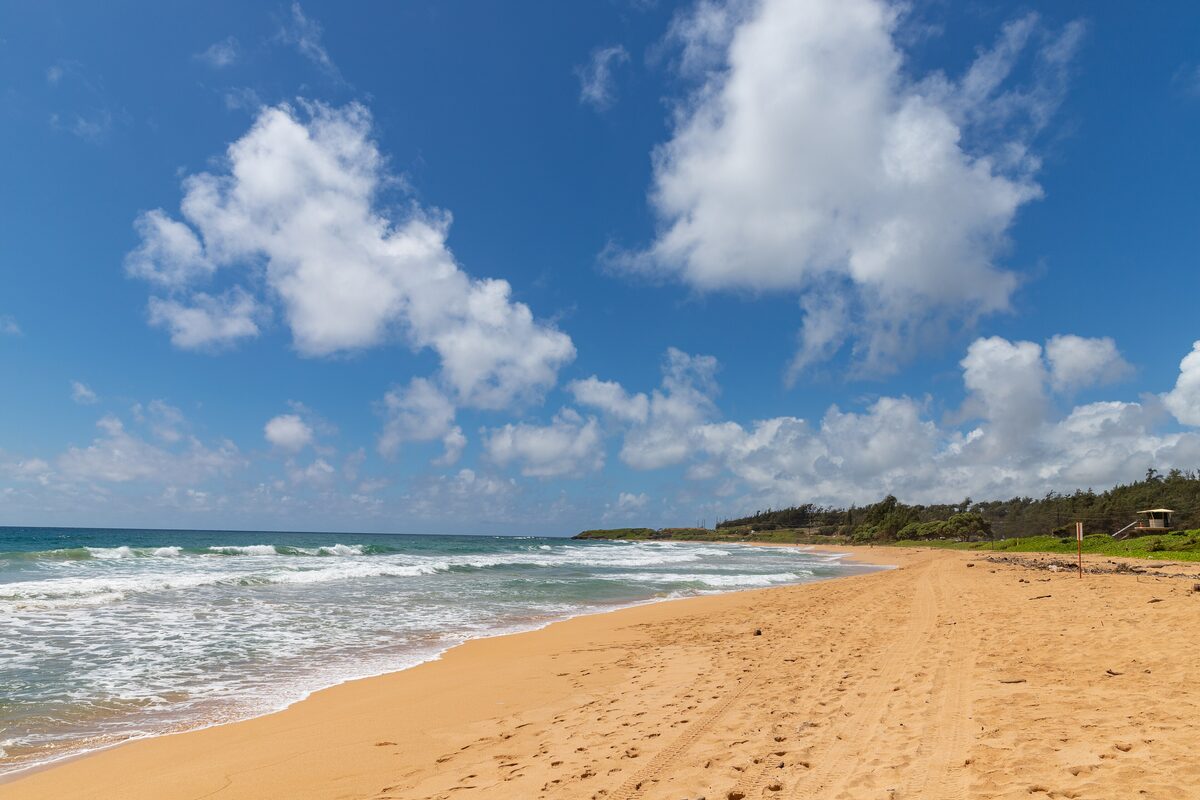 Golden Keālia Beach, just north of Kapaʻa, under blue sky