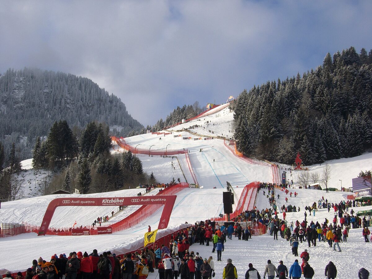 Crowds at the snowy finish area of the Streif during the Hahnenkamm race