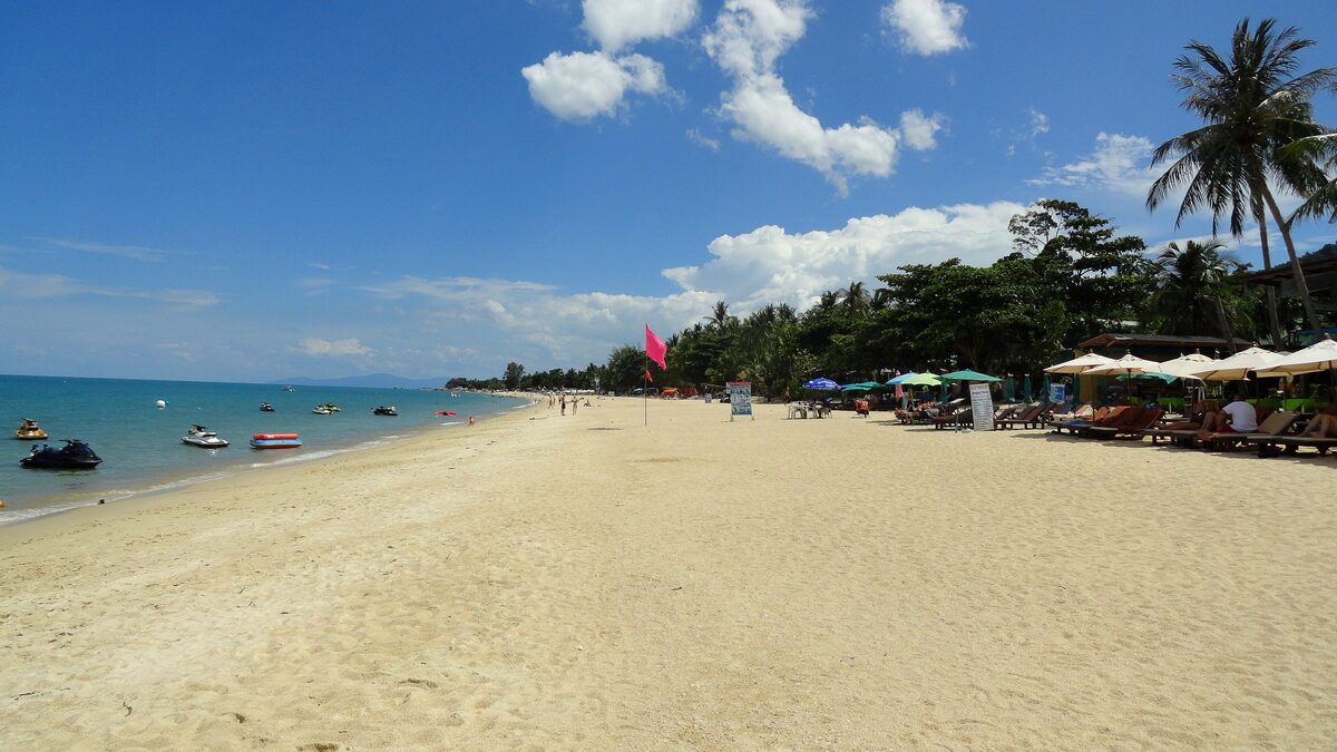 Lamai's wide golden sand beach under a blue sky, with palms and sun umbrellas along the right edge and turquoise sea on the left