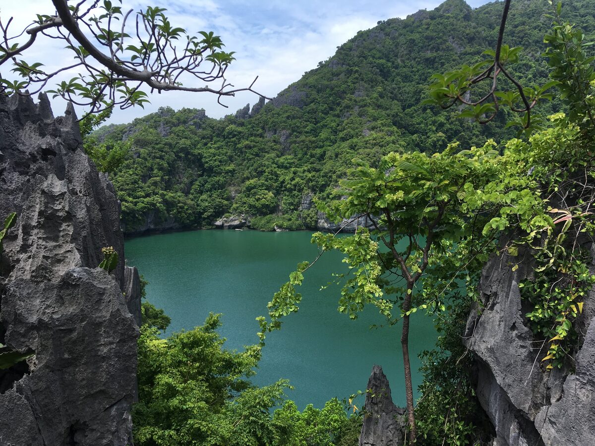 The green saltwater lake of Thale Nai seen between limestone rocks, ringed by forested cliffs on Ko Mae Ko