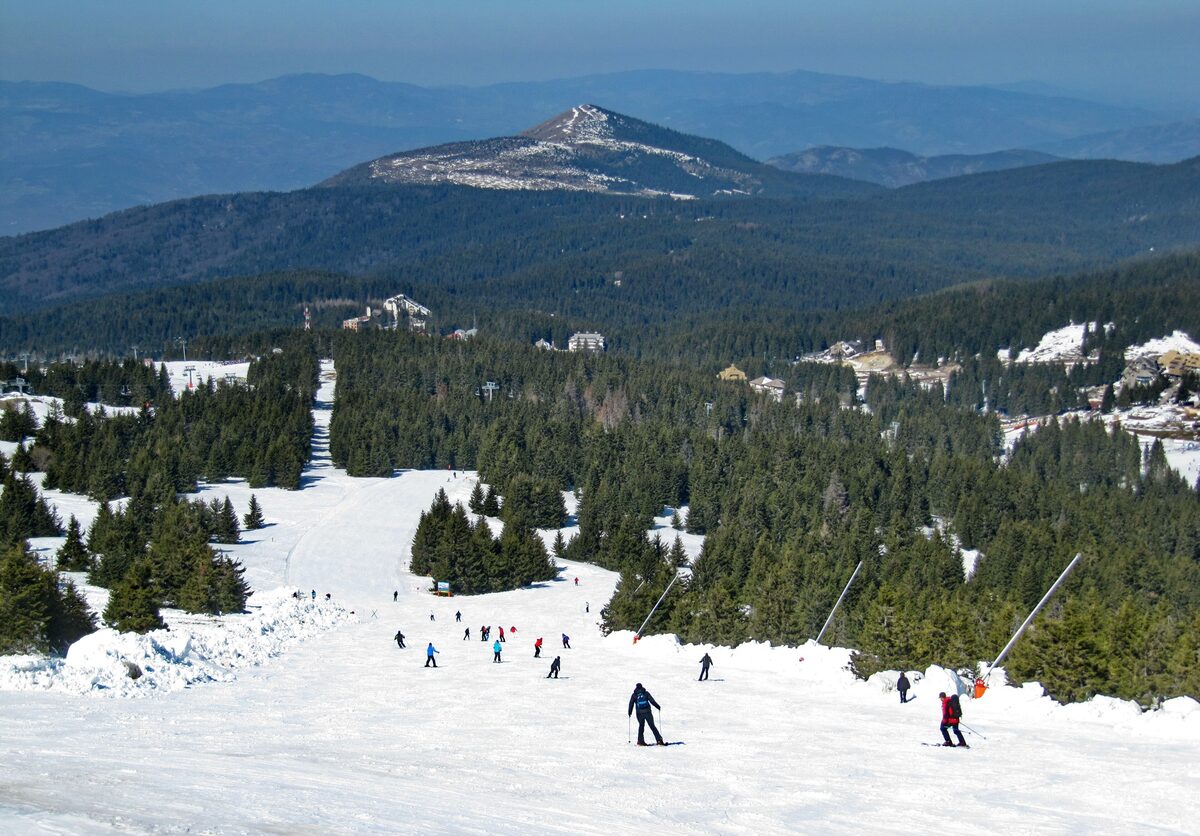 Skiers on a wide groomed run on Kopaonik, with snow cannons, spruce forest, resort buildings and a snowy summit in the distance