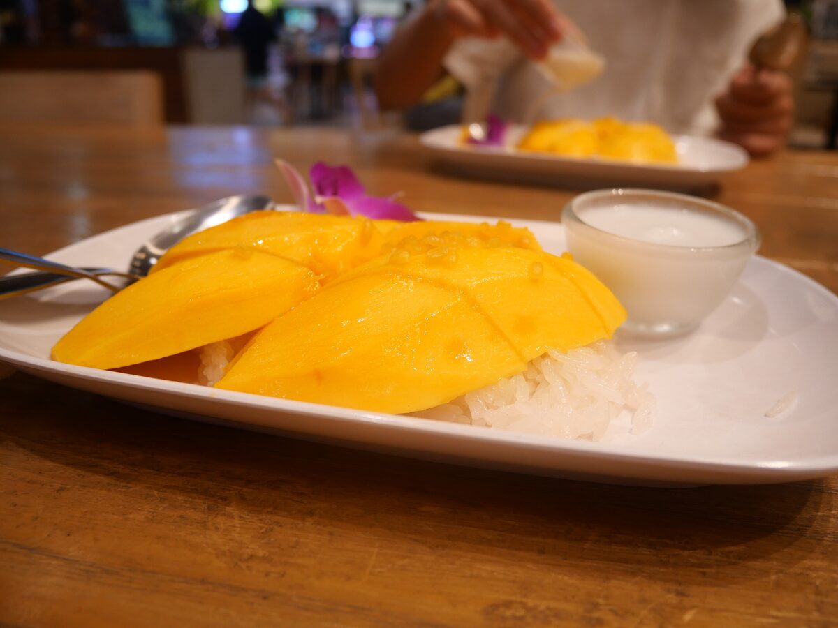 Sliced mango on sticky rice on a white plate, with a dish of coconut sauce
