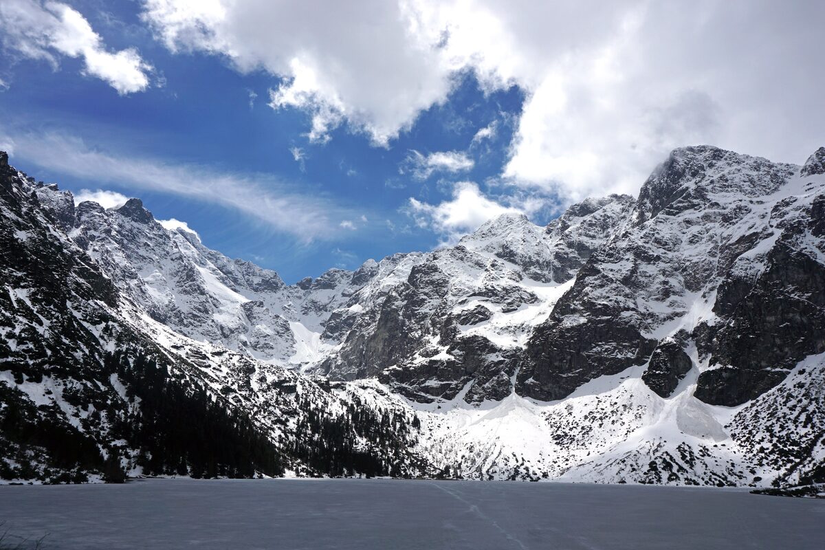 The frozen lake of Morskie Oko below snowy Tatra peaks