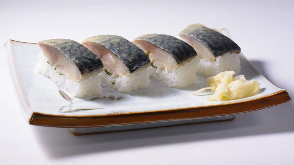 Four pieces of sabazushi, pressed mackerel sushi, on a pale plate with pickled ginger