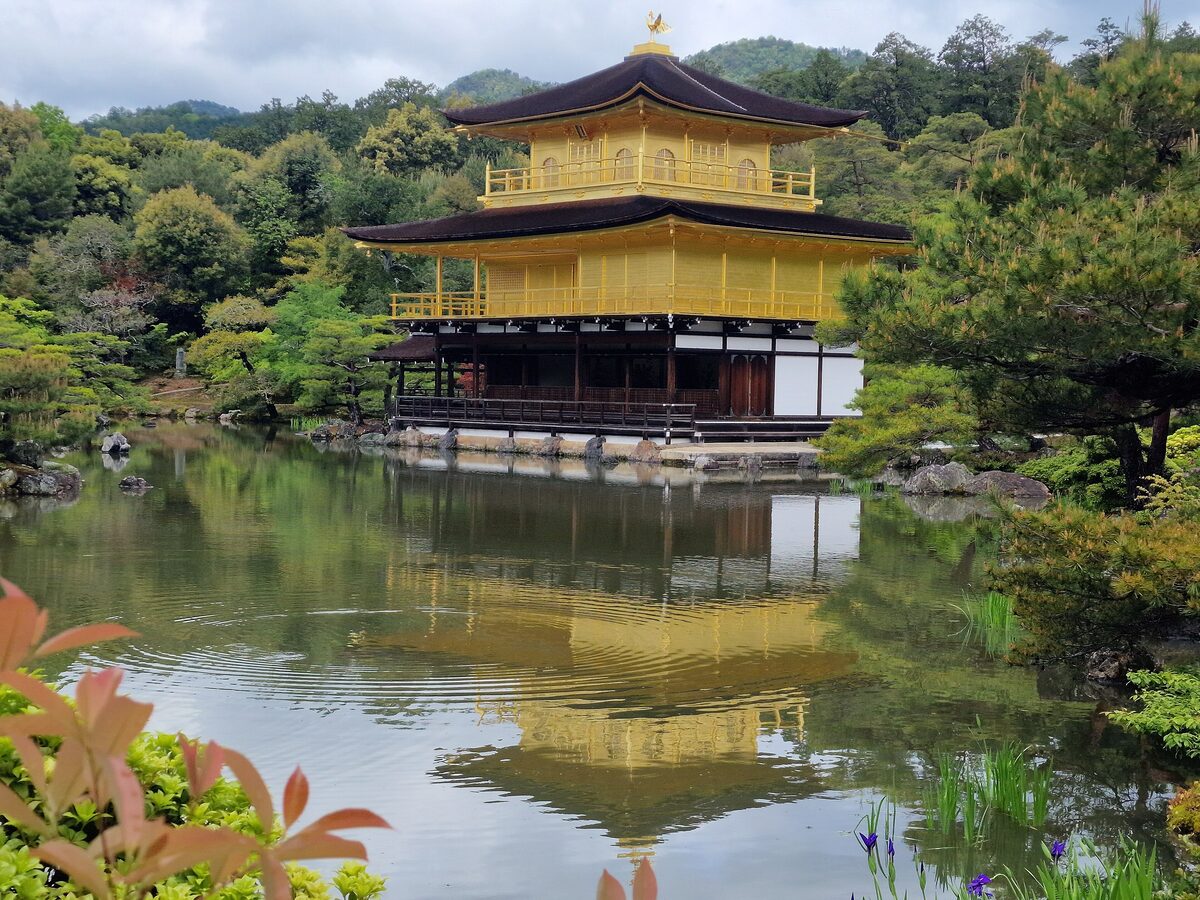 The gold-leaf top floors of Kinkaku-ji reflected in its pond under a clear sky