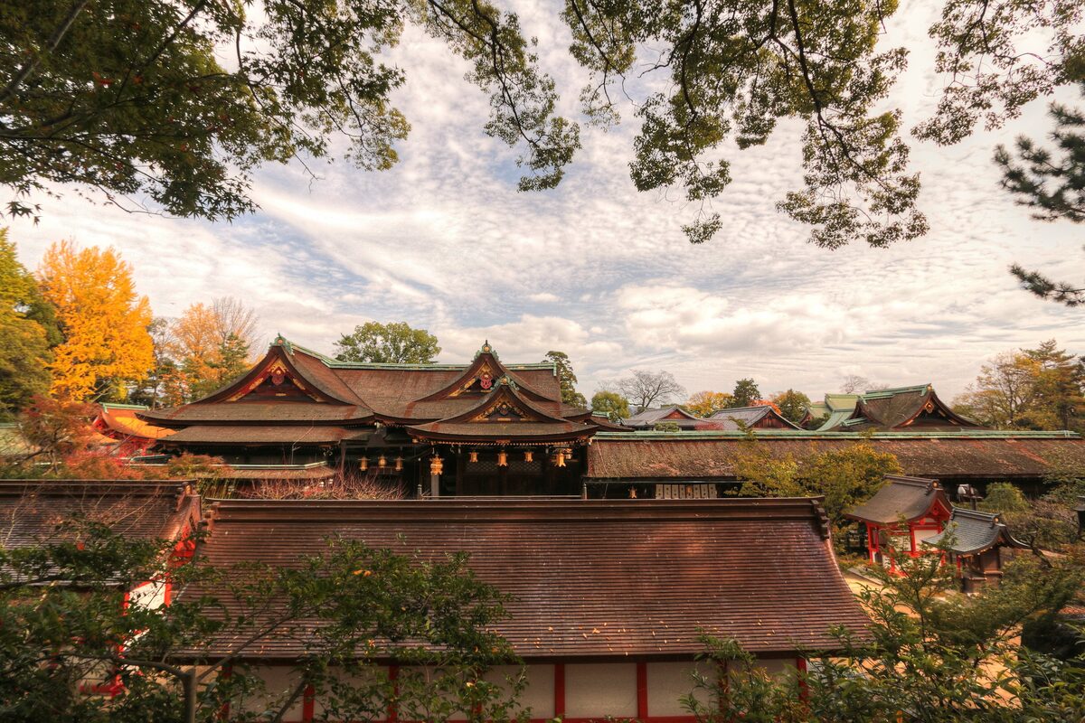 The roofs of the Kitano Tenmangu main shrine buildings seen through autumn trees, under a sky of broken cloud