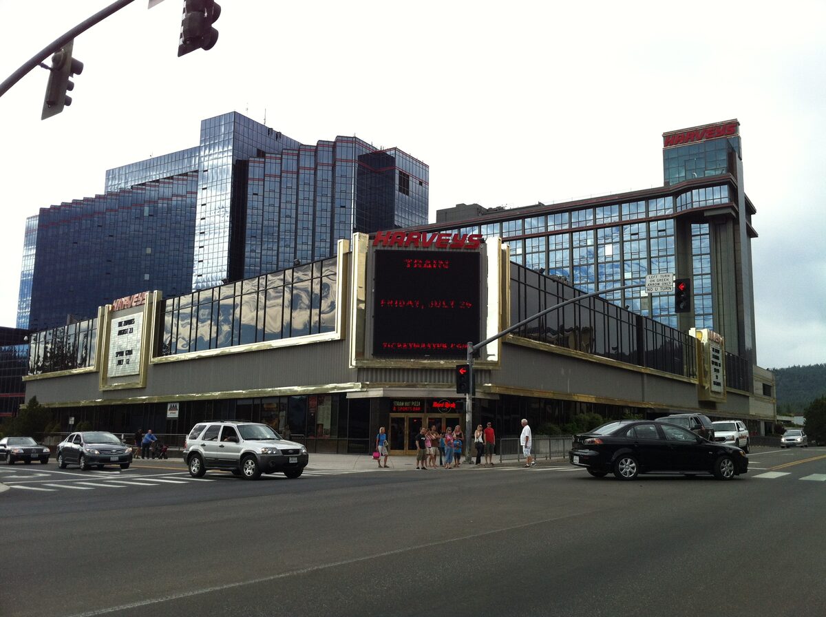 The glass towers of the casino resort then called Harveys, now Caesars Republic, on the Nevada side of Stateline
