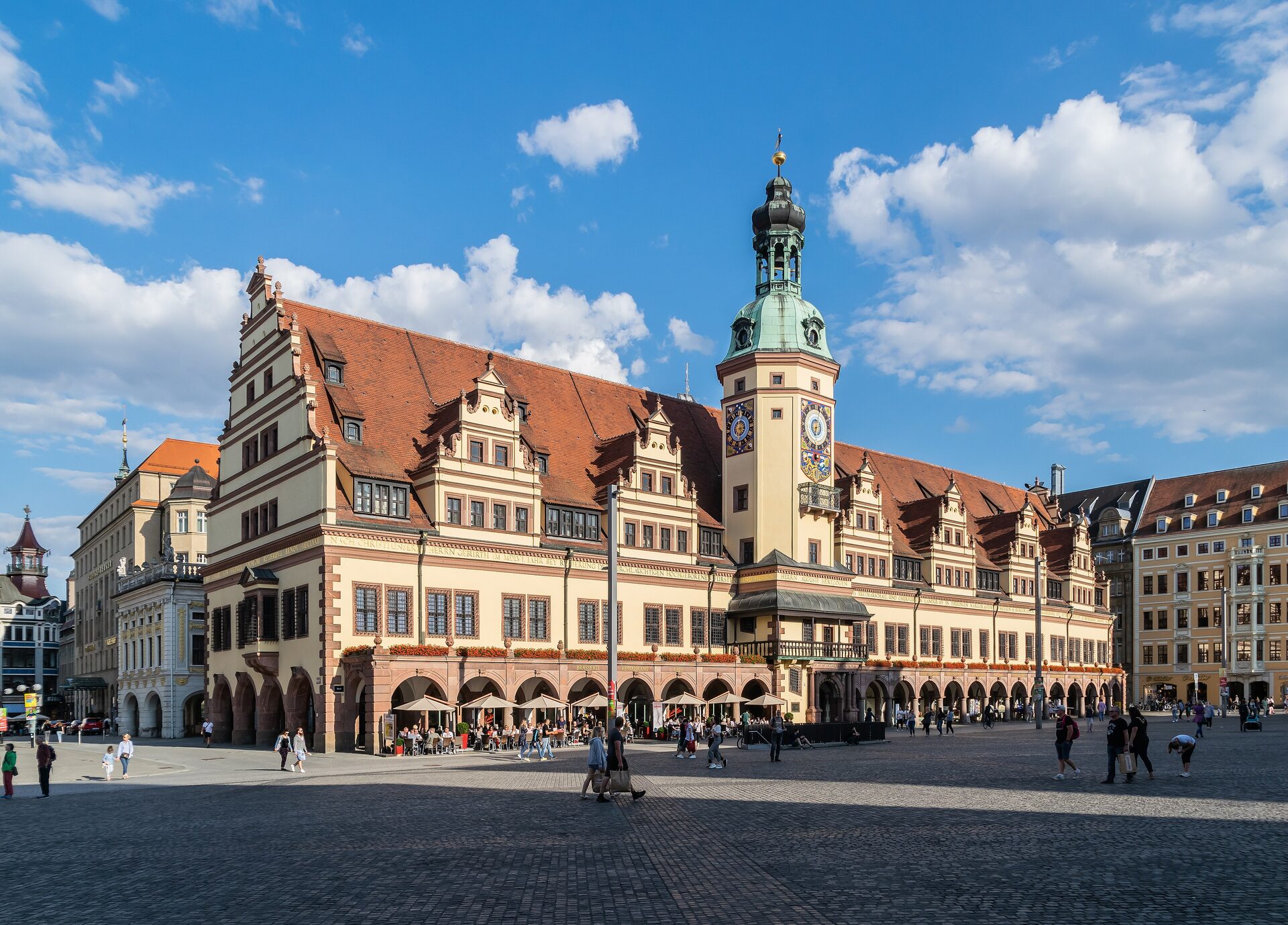 The Old Town Hall on Leipzig's market square with its Renaissance gables and tower