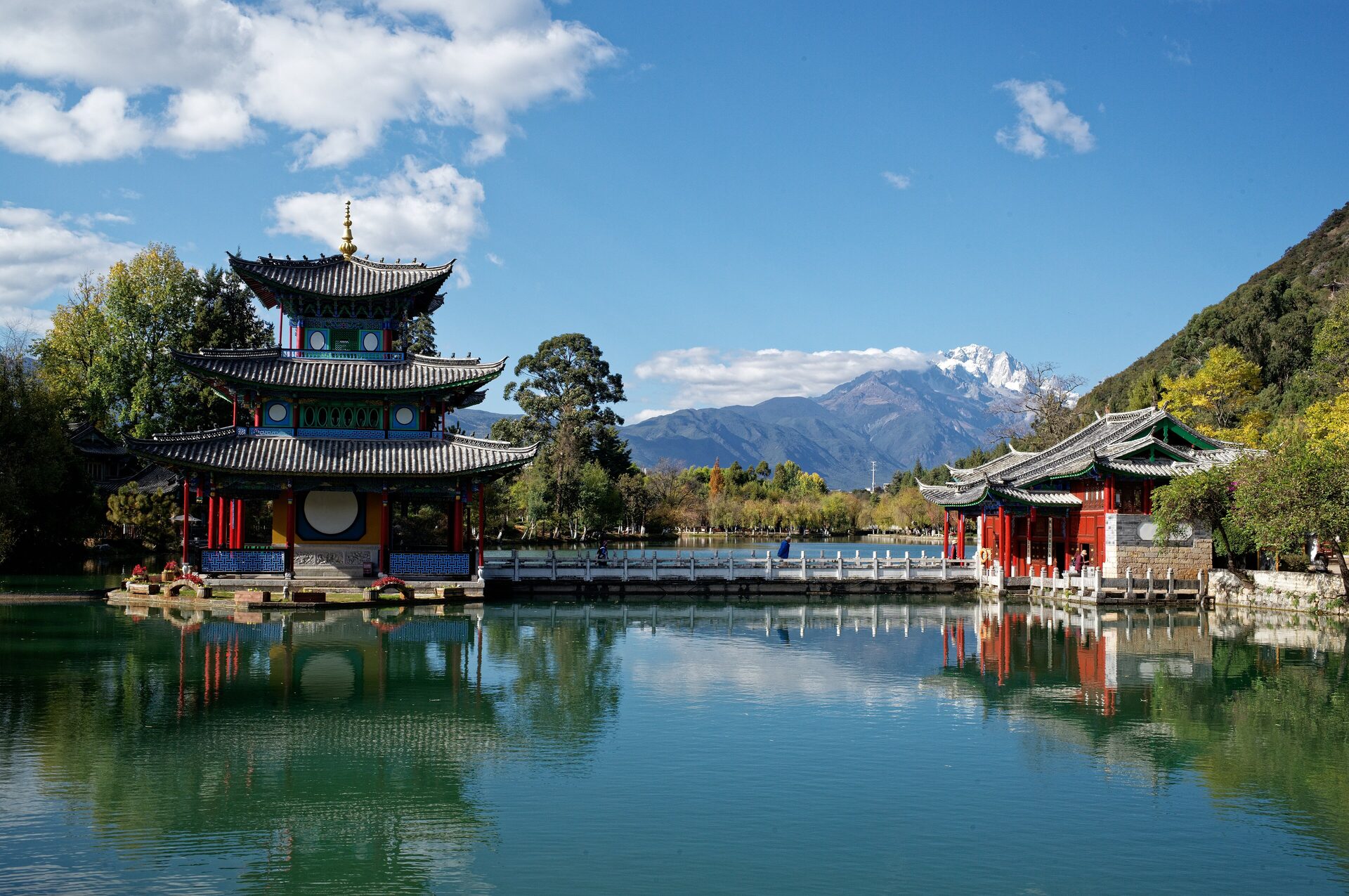 The Black Dragon Pool in Lijiang, a red-pillared pagoda and pavilion mirrored in the water with the snow peaks of Jade Dragon Snow Mountain behind