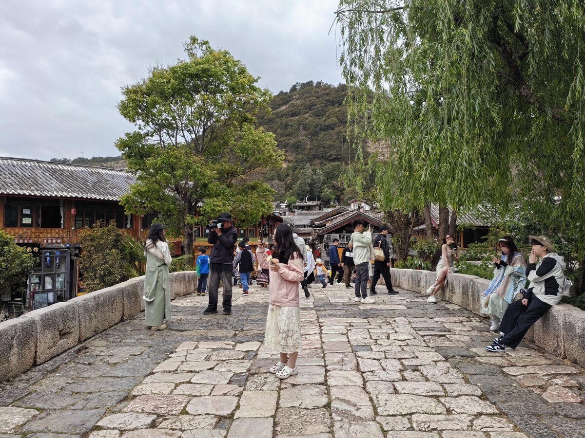 Visitors on the old stone Qinglong Bridge in Shuhe, with a weeping willow and tiled roofs behind