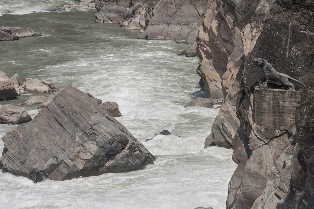 A tiger sculpture on a rock ledge above the white rapids and a large boulder in the Jinsha River at Tiger Leaping Gorge