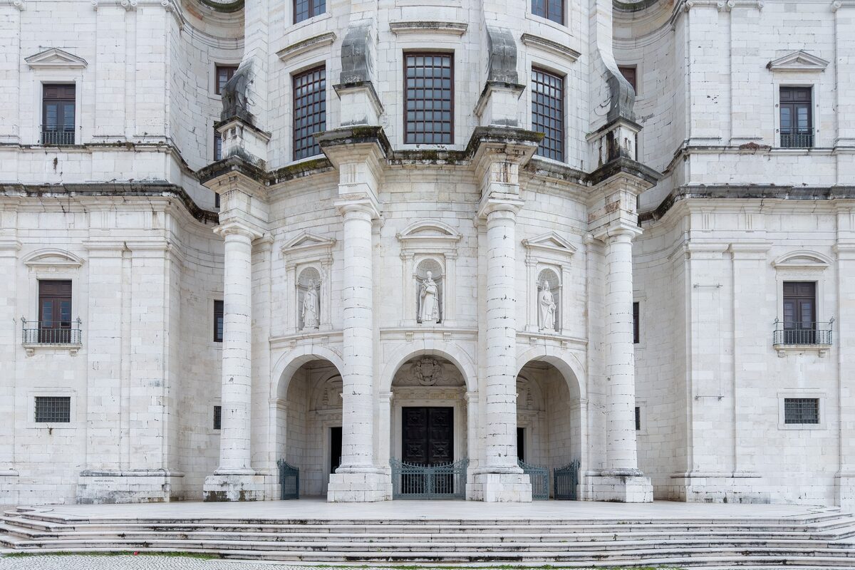 The white baroque facade of Igreja de Santa Engrácia, the building that is now the National Pantheon