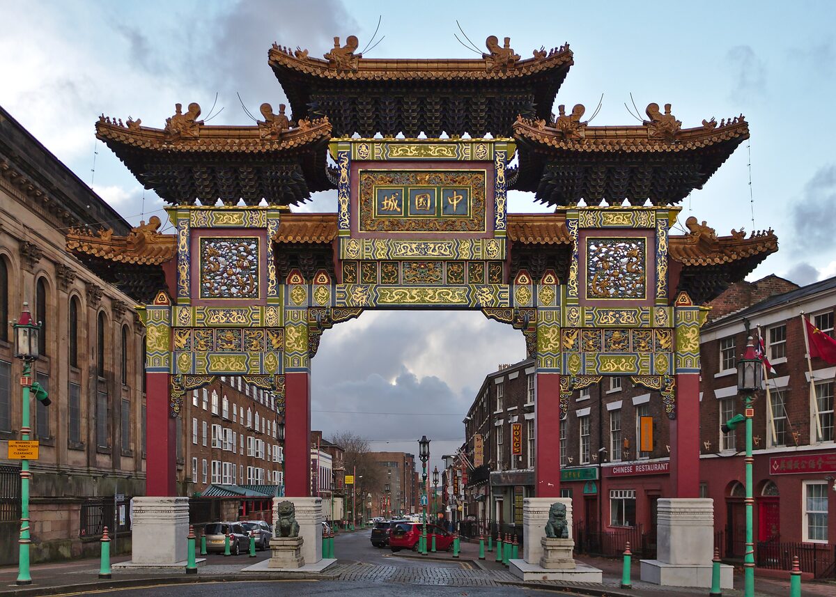 The ornate red and gold Chinese arch on Nelson Street in Liverpool's Chinatown