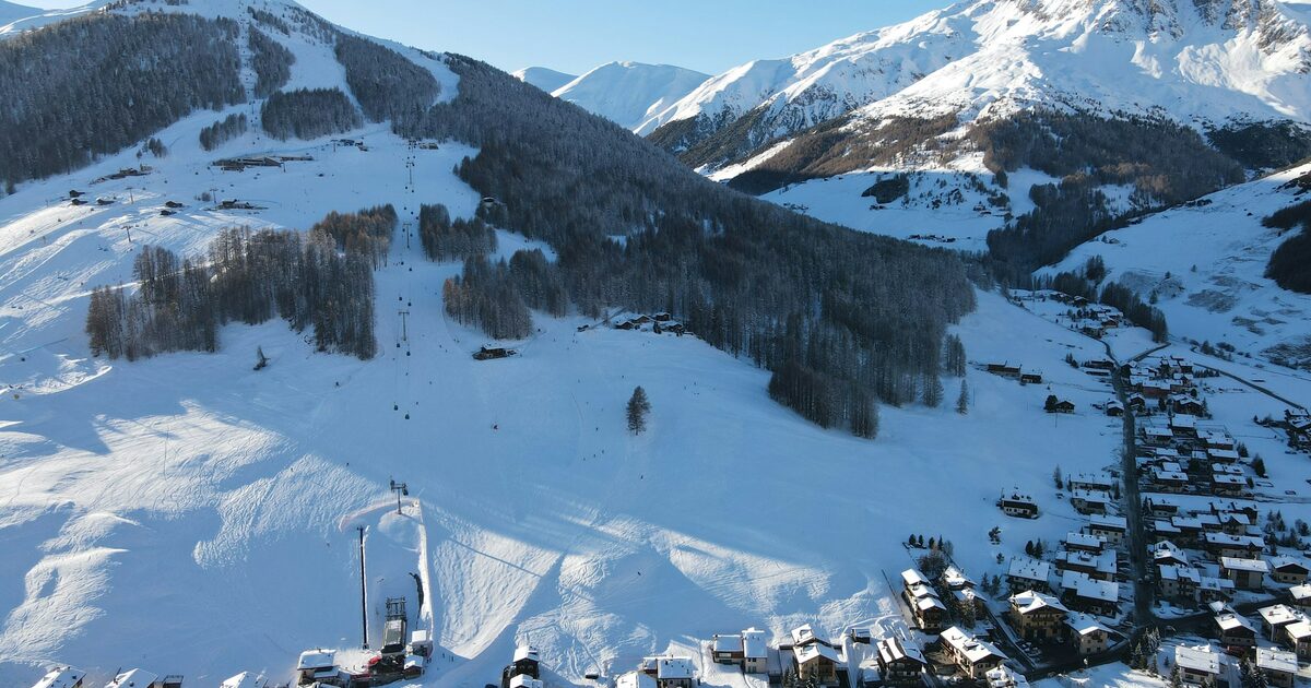 Aerial view of the snowy slopes and chalet roofs of Livigno on a clear winter day, with a ridge of white peaks behind