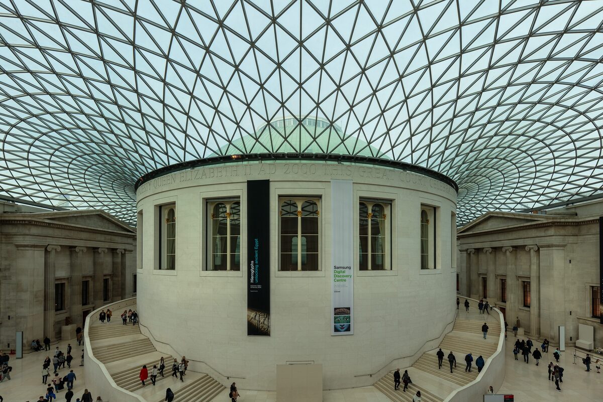 The Great Court of the British Museum, with its glass and steel roof over the round Reading Room