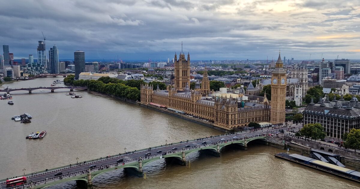 Aerial view of the Houses of Parliament and Big Ben beside the River Thames in London, with Westminster Bridge in front and the city spreading behind under a cloudy sky
