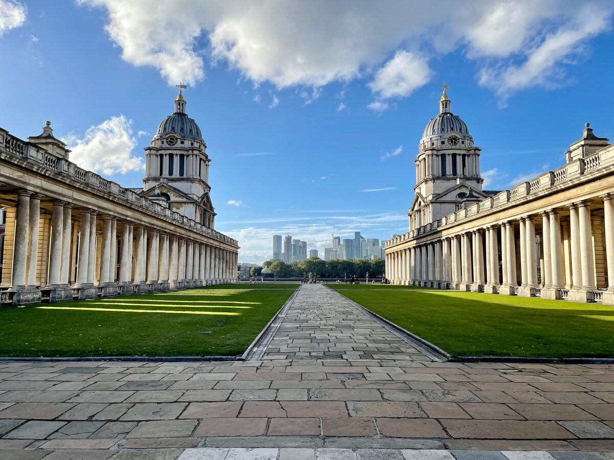 The twin domes of the Old Royal Naval College in Greenwich by the River Thames
