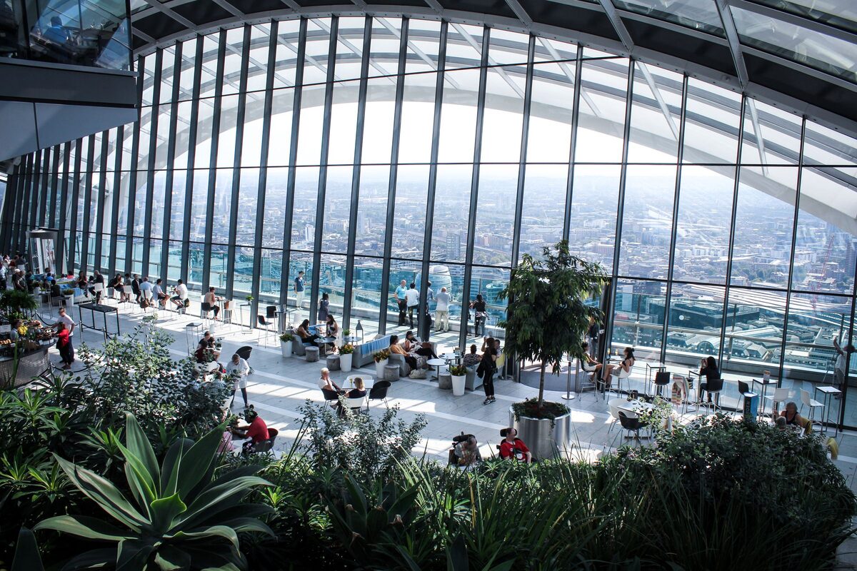 The glass-roofed Sky Garden at the top of a London skyscraper, with plants and a view over the city