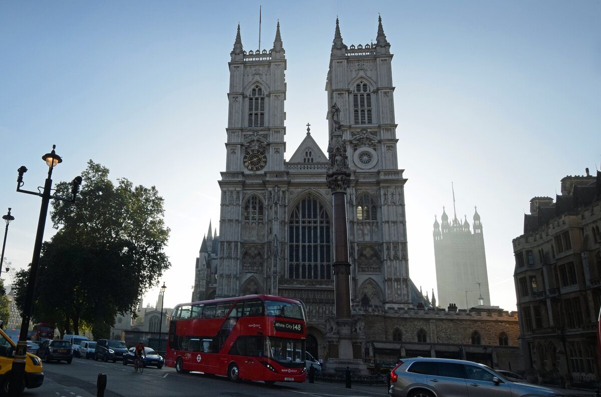 The Gothic west front and twin towers of Westminster Abbey in London