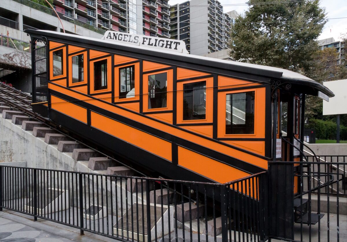 The orange Angels Flight funicular car at the top of its short track on Bunker Hill