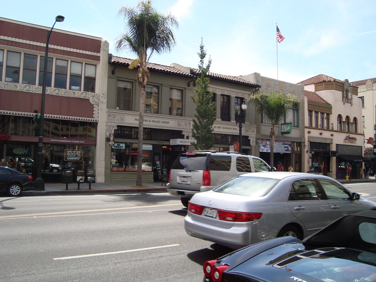 Historic brick and stucco storefronts along Colorado Boulevard in Old Pasadena