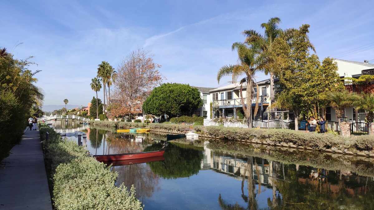 A Venice canal with a rowboat, a footpath and houses and palm trees reflected in the still water