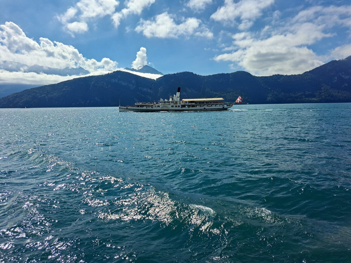 A white paddle steamer on Lake Lucerne, with the wooded shore and snowy peaks behind