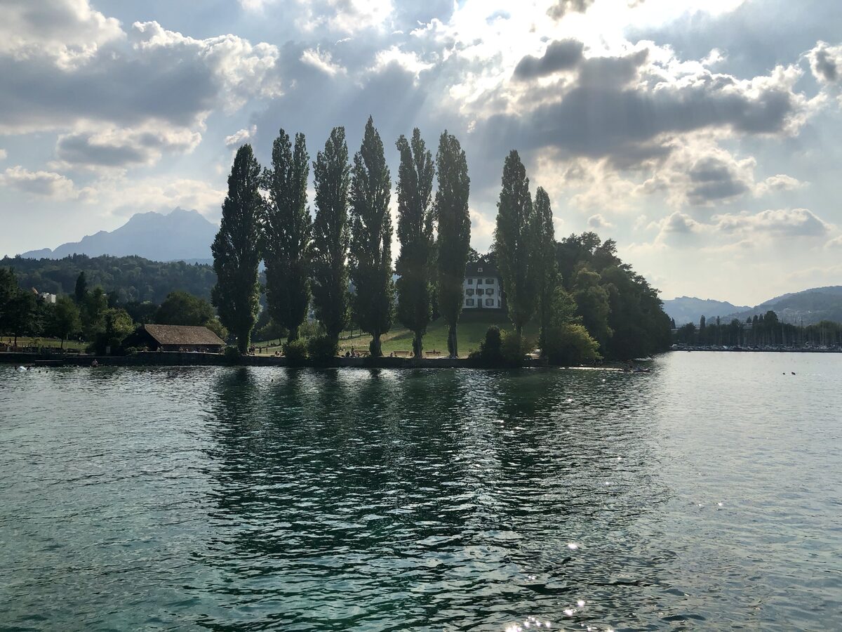 The Tribschen villa on the lakeshore, half hidden by tall poplars