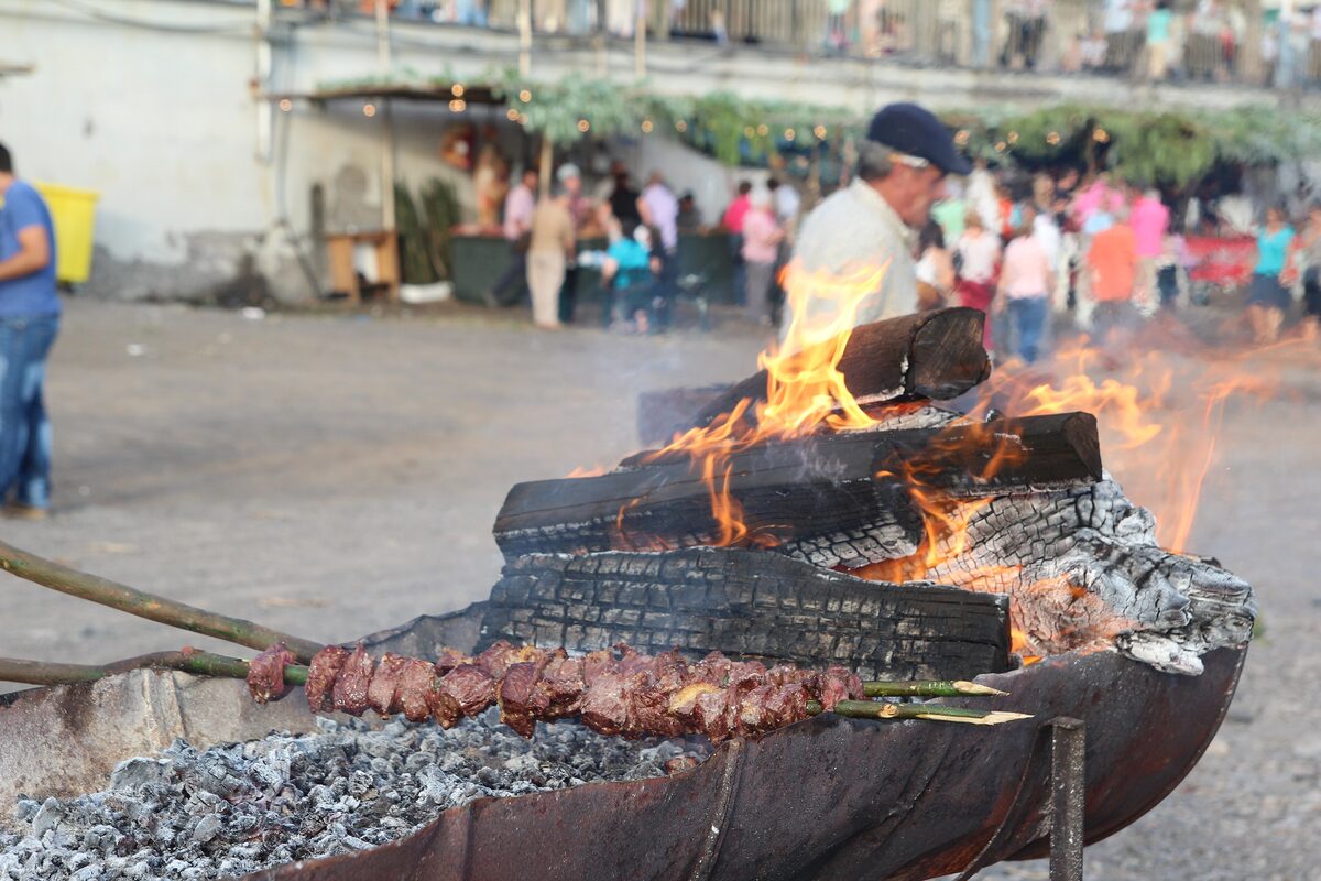 A skewer of beef cubes on a laurel stick resting beside burning logs and white ash in a barrel grill at an open-air street festival