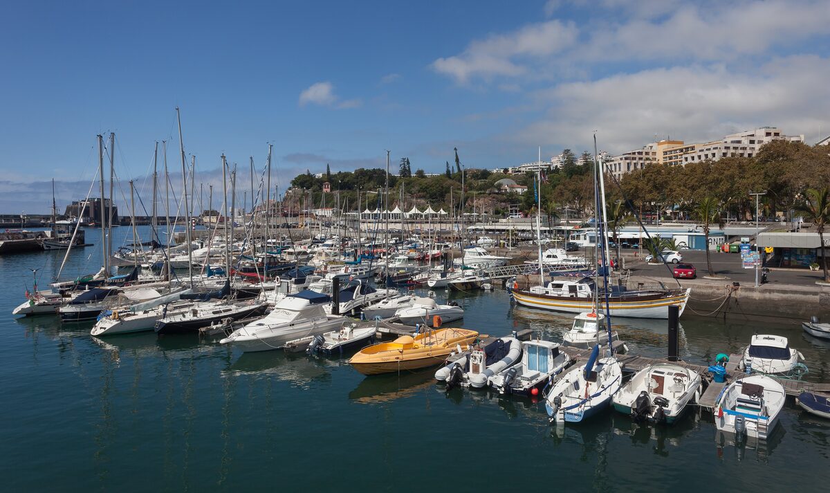 Sailboats and motor yachts moored in Funchal marina under a blue sky, with the waterfront buildings along the far shore