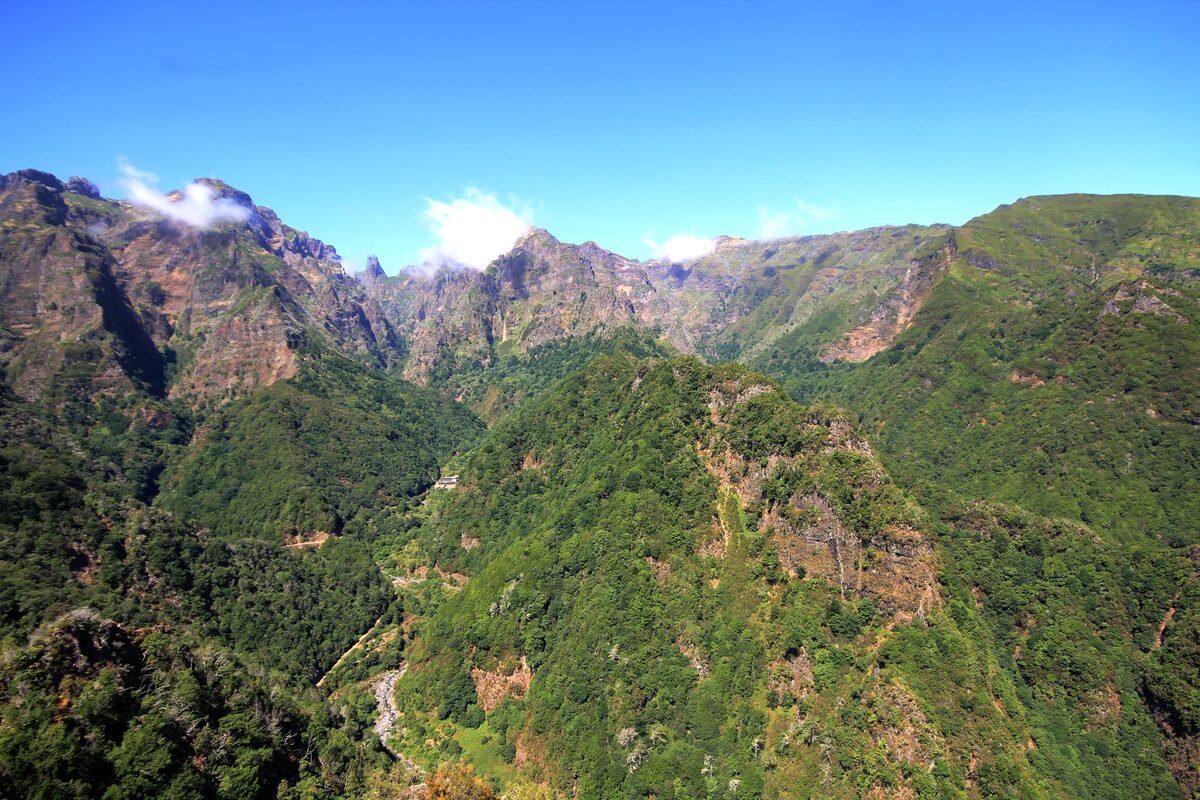 Green forested ridges and rocky peaks of the central massif under a blue sky, seen from the Balcões viewpoint near Ribeiro Frio