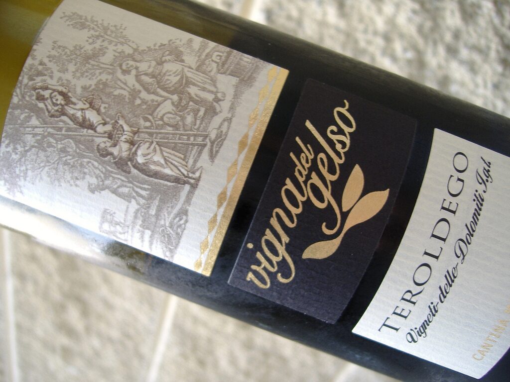 Close-up of a Teroldego wine bottle label, Vigneti delle Dolomiti IGT, from a Trentino cellar