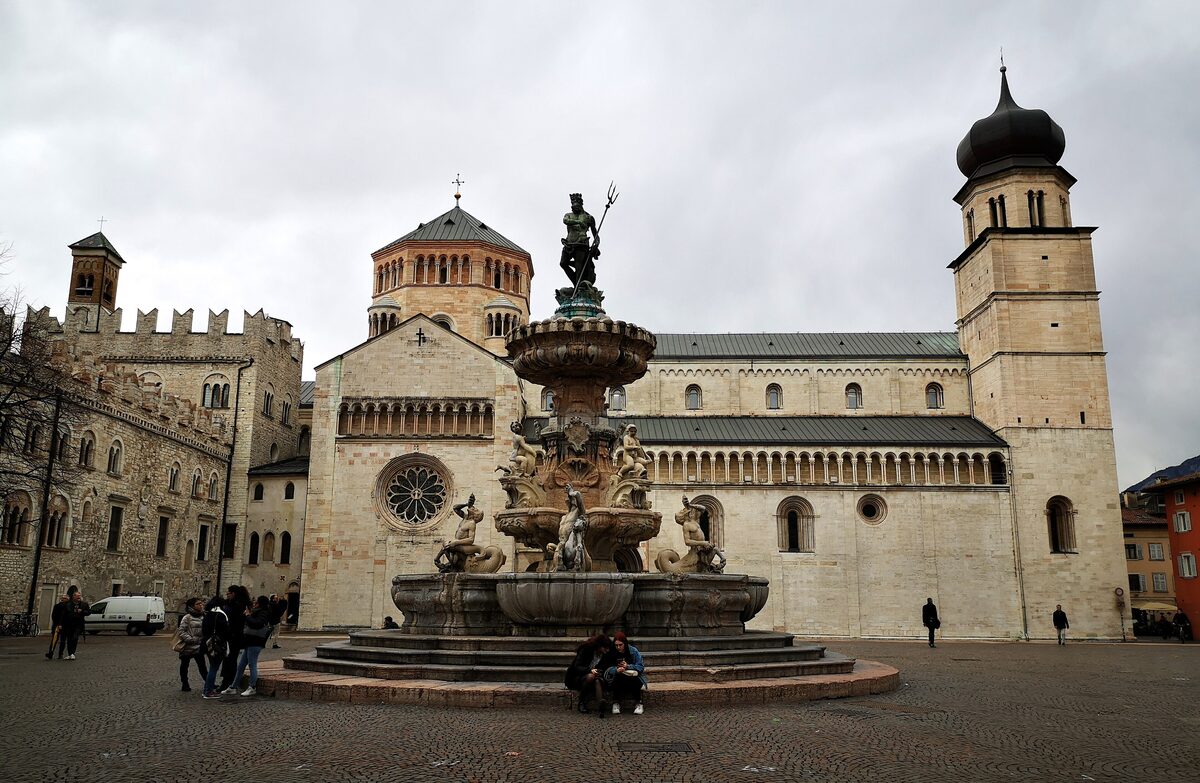 Trento's Piazza Duomo with the Neptune Fountain in front of the cathedral and its bell tower