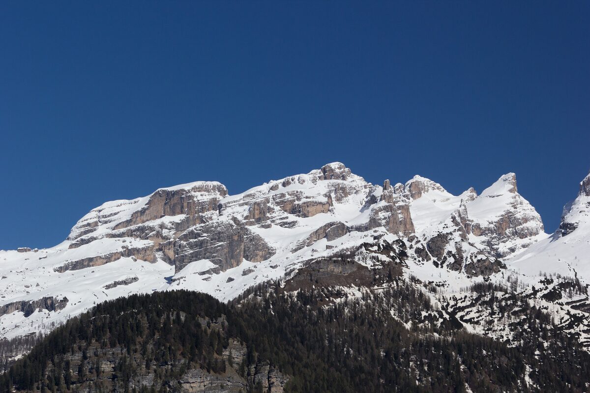 Snow-covered Brenta peaks above dark forest, seen from the valley on a clear winter day