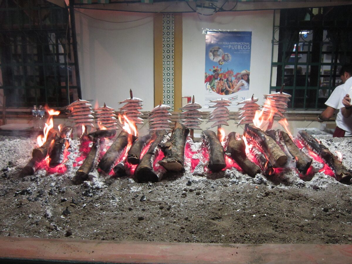 Sardines on skewers standing upright beside burning logs in a bed of embers