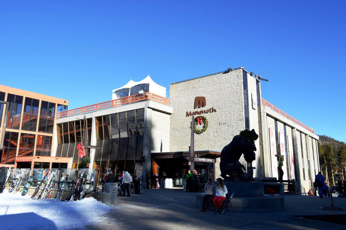 The Canyon Lodge building at Mammoth Mountain on a sunny winter day