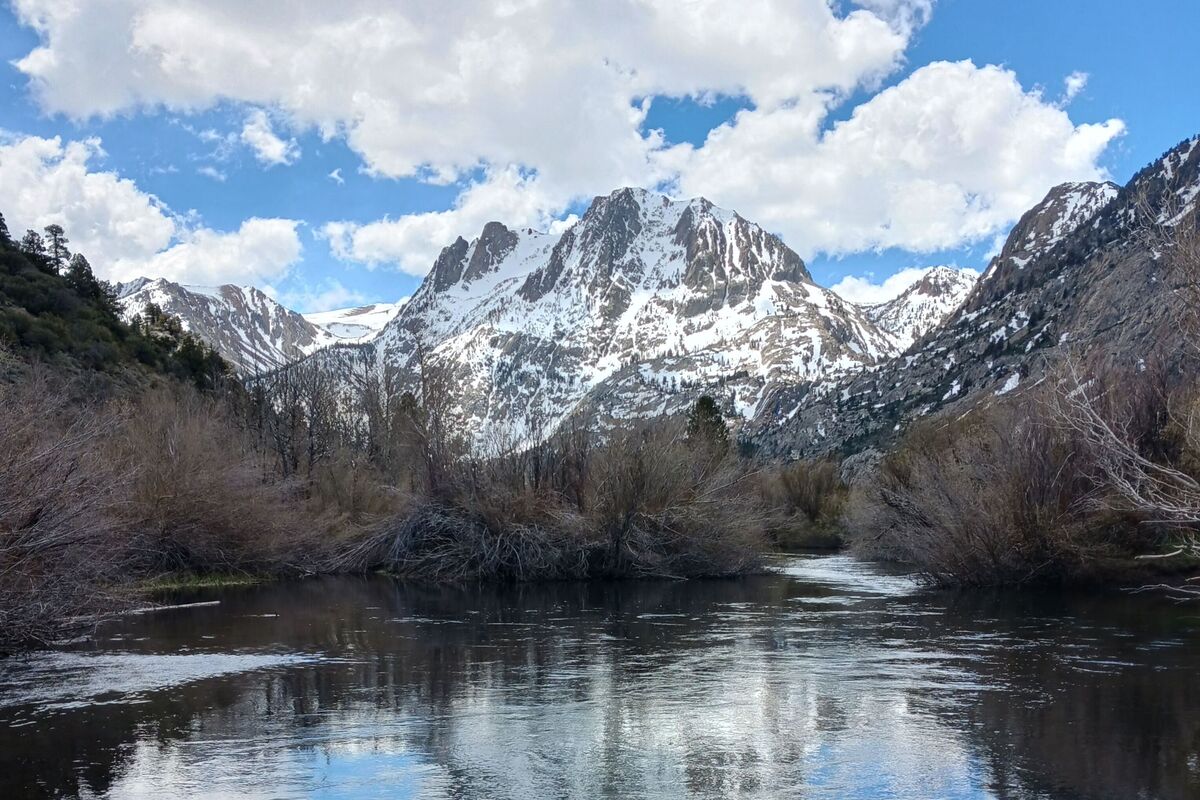 Snow-capped Carson Peak reflected in the water at June Lake