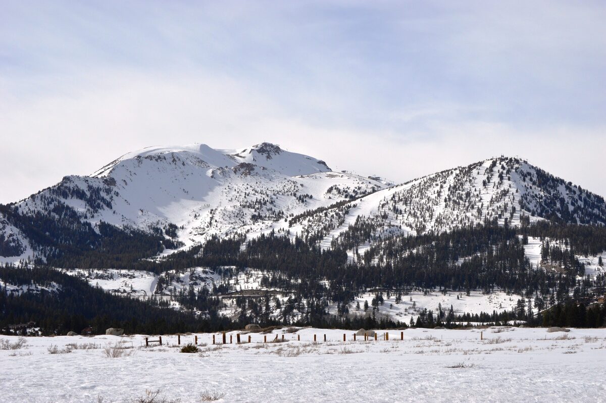 Snowy Mammoth Mountain seen across a white meadow in Mammoth Lakes