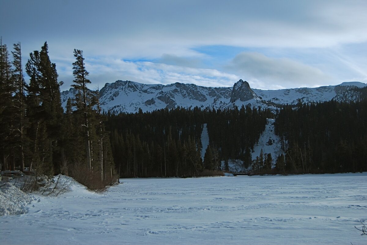 Frozen Twin Lakes below Crystal Crag in the Mammoth Lakes Basin