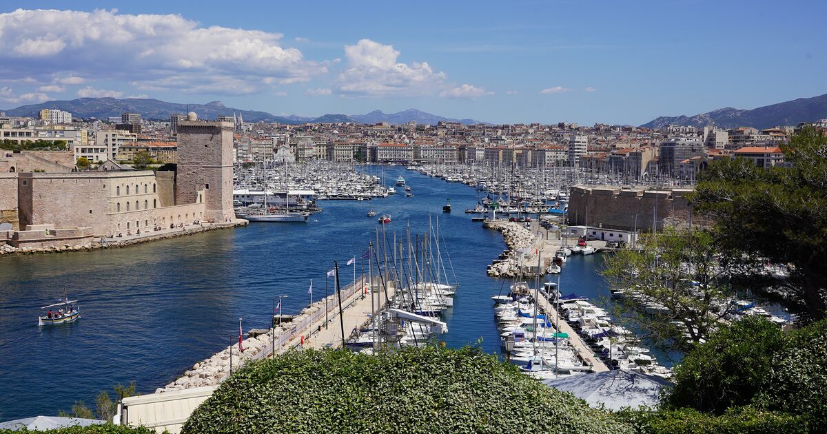 The Old Port seen from above, with its marina, the harbor mouth and old forts on the water