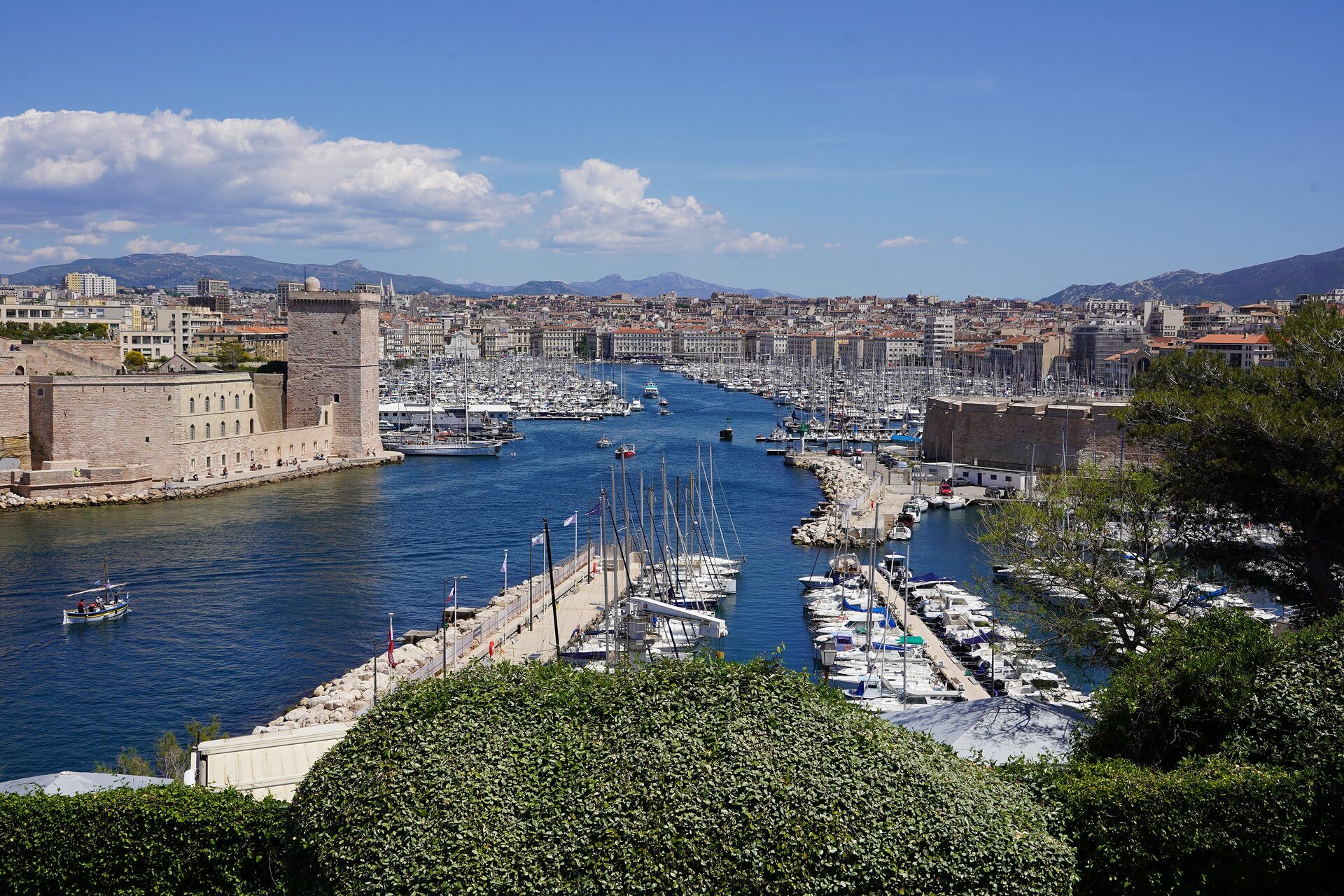The Old Port seen from above, with its marina, the harbor mouth and old forts on the water