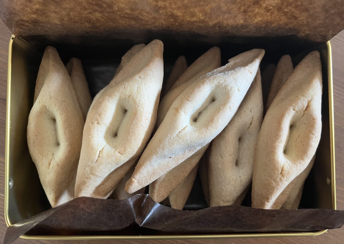 A box of navettes, the boat-shaped orange-flower biscuits of Marseille