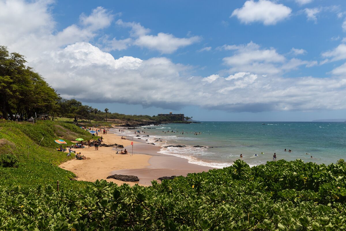 Kamaole Beach Park III with a sandy shore, swimmers and a green lawn above