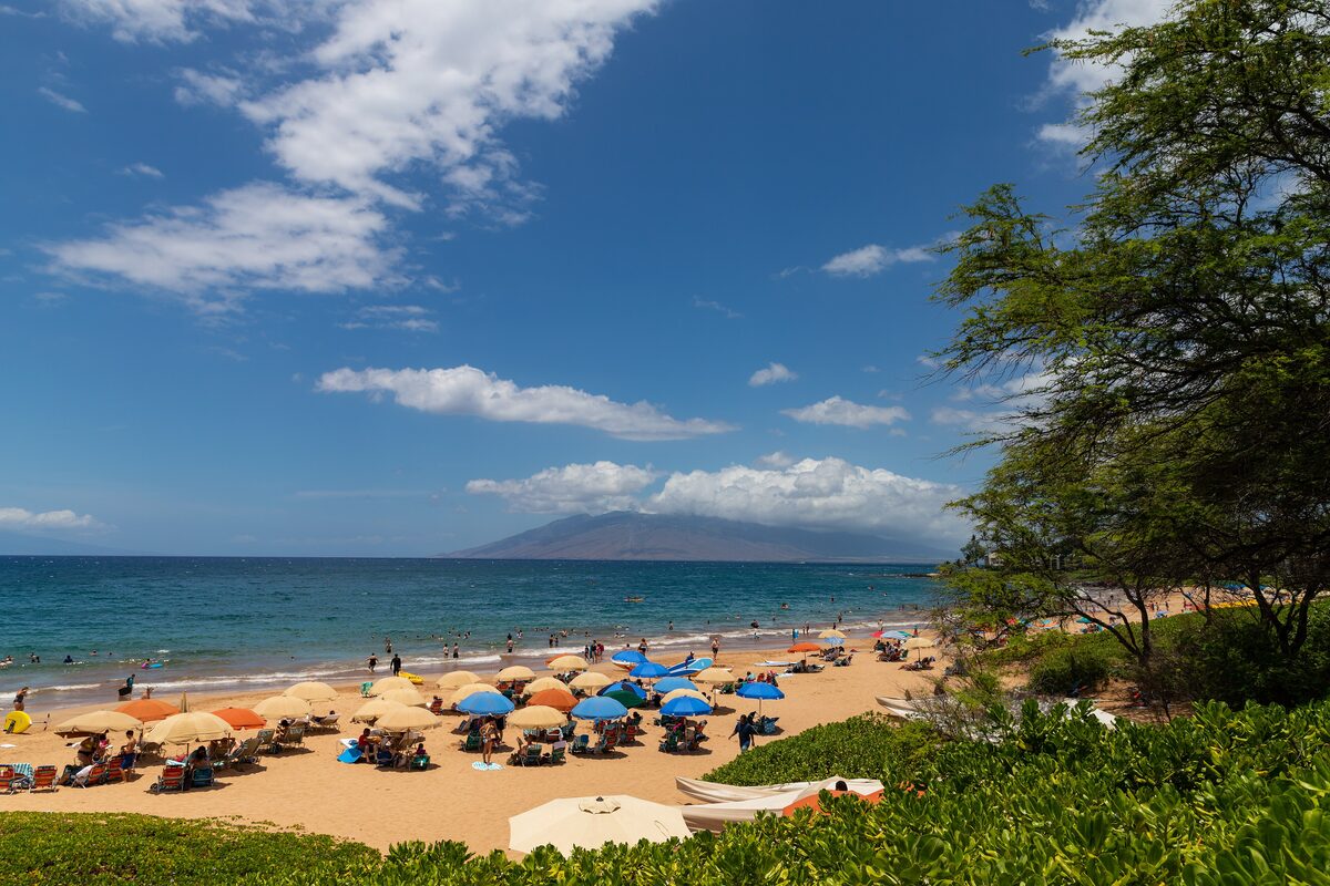 Umbrellas and sunbathers on the golden sand of Wailea Beach under a blue sky