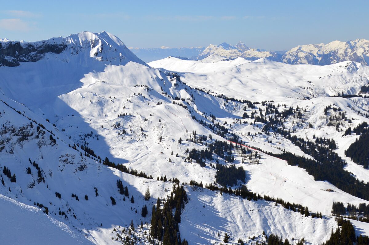 Snow-covered slopes and forest on the Côte 2000 side of the Mont Joly range